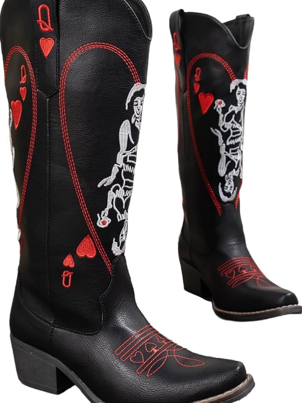 Black & Red Women's Western Boots with Heart & Queen of Hearts Stitching
